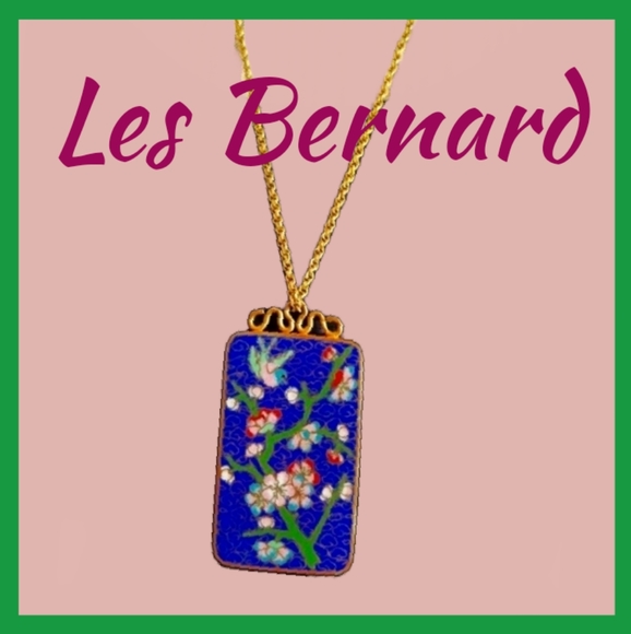 Les Bernard Blue & Antique Gold  Cloisonne Pendant with 12K Gold Chain Necklace - Picture 1 of 9